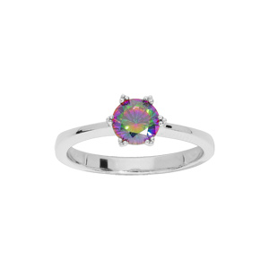 Bague en argent rhodié type solitaire avec oxyde arc en ciel mystique serti