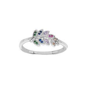 Bague en argent rhodié motif feuille oxydes multicouleurs