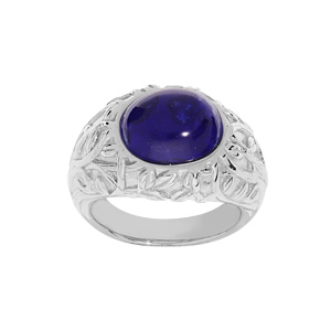 Bague en argent rhodié motif feuillage sculpté avec pierre Lapis Lazuli véritable