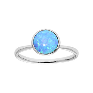 Bague en argent rhodié avec Opale de synthèse bleue ronde