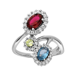 Bague en argent rhodié collection joaillerie fleur avec oxydes multicouleur cerclés d’oxydes blancs