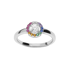 Bague en argent rhodié pastille ronde cerclée d'oxydes multi couleurs