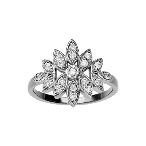 Bague en argent rhodié motif fleur orné d'oxydes blancs sertis