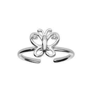 Bague en argent rhodié réglable avec papillon ajouré et oxydes blancs