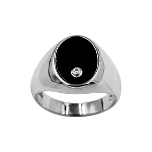 chevalière en argent rhodié plateau ovale en onyx avec 1 oxyde blanc 14 X 10