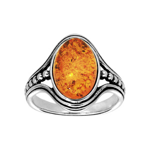 Bague en argent rhodié en ambre véritable avec rail petites boules de chaque côté