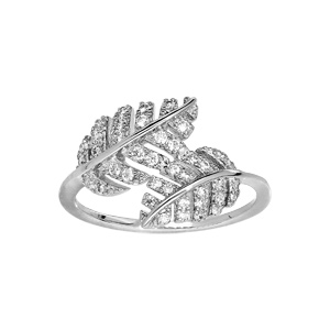 Bague en argent rhodié avec feuillage croisé orné d’oxydes blancs sertis