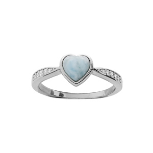 Bague en argent rhodié coeur en pierre Larimar bleu véritable et oxydes blancs sertis