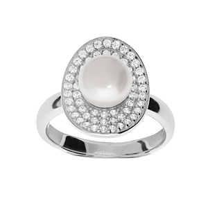 Bague en argent rhodié ovale pavée d'oxydes blanc avec Perle de culture d'eau douce blanche 8mm