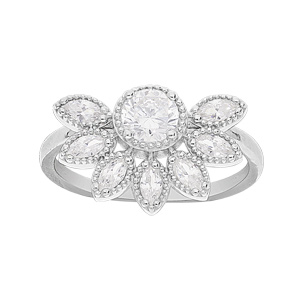 Bague en argent rhodié avec demi fleur et oxydes blancs sertis