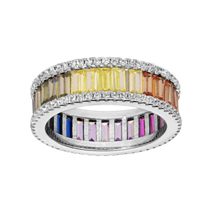Bague en argent rhodié large empierrée multi couleurs avec contour oxydes blancs sertis