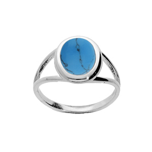 Bague en argent rhodié pierre centrale de couleur turquoise de synthèse