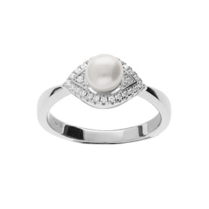 Bague en argent rhodié avec Perle de culture d’eau douce blanche 6mm sur oeil d’oxydes blancs sertis