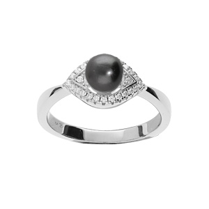 Bague en argent rhodié Perle de culture de Tahiti 7mm sur oeil d'oxydes blancs sertis