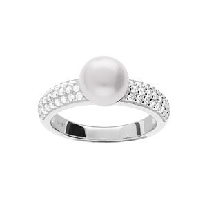 Bague en argent rhodié solitaire Perle de culture d’eau douce et oxydes blancs sertiis
