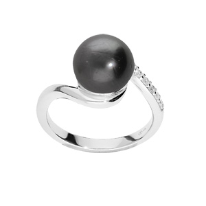 Bague en argent rhodié perle de Tahiti véritable drapée d’oxydes blancs sertiis