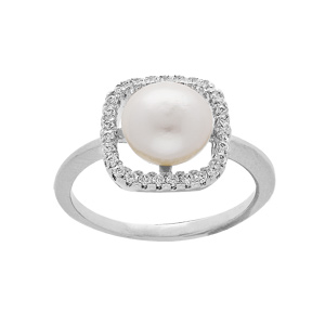 Bague en argent rhodié carré oxydes blancs avec Perle de culture d’eau douce blanche