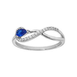 Bague en argent rhodié avec symbole infini avec oxydes blancs sertis et pierre bleu