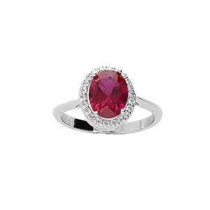 Bague en argent rhodié pierre centrale rouge et contour oxydes blancs sertis