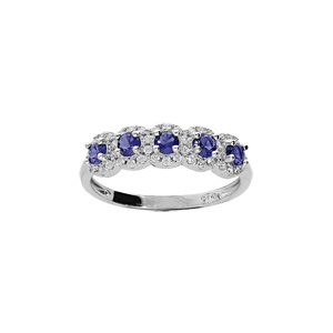 Bague en argent rhodié arc de pierres bleues et contour oxydes blancs sertis
