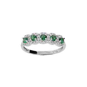 Bague en argent rhodié arc de pierres vertes et contour oxydes blancs sertis