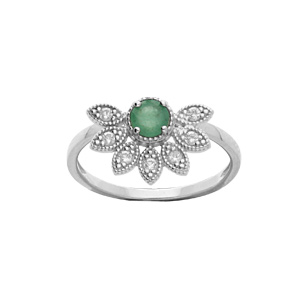 Bague en argent rhodié demi fleur d'Emeraude véritable et topazes blanches