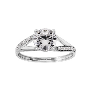 Bague en argent rhodié solitaire croisé avec oxyde blanc serti 4 griffes