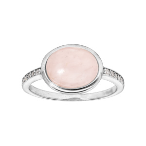 Bague en argent rhodié avec pierre ovale en quartz rose et oxydes blancs sertis