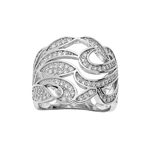 Bague en argent rhodié large avec courbes et feuillage pavés d’oxydes blancs sertis