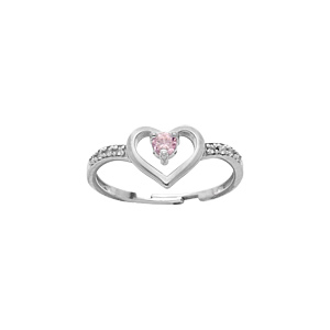 Bague en argent platiné coeur avec oxyde rose et oxydes blancs sertis taille réglable 46.48.50