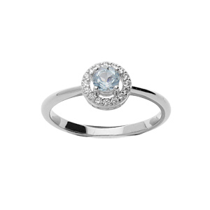 Bague en argent rhodié Topaze bleu véritable et contour oxydes blancs sertis