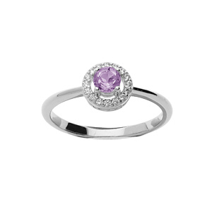 Bague en argent rhodié Amethyste véritable et contour oxydes blancs sertis
