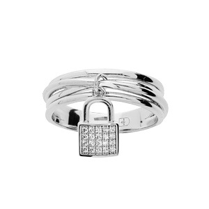 Bague en argent rhodié massif anneaux avec pampille cadenas
