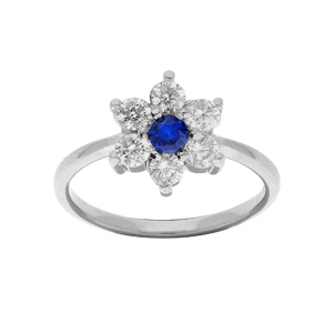 Bague en argent rhodié motif marguerite avec oxyde au centre bleu foncé et contour blancs sertis