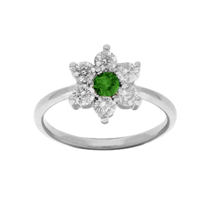 Bague en argent rhodié marguerite avec oxyde au centre vert et contour blancs sertis