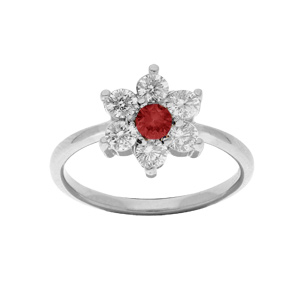 Bague en argent rhodié marguerite avec oxyde au centre rouge et contour blancs sertis