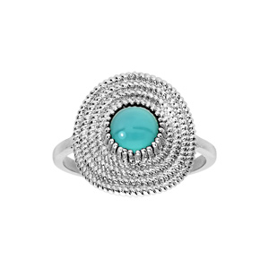 Bague en argent rhodié ethnique ronde avec pierre de synthèse amazonite