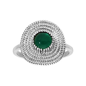 Bague en argent rhodié ethnique ronde avec pierre verte