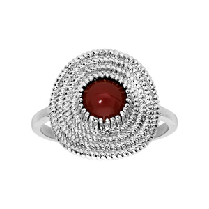 Bague en argent rhodié ethnique ronde avec pierre rouge