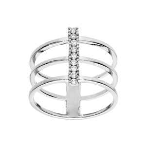 Bague en argent rhodié large triple rangs avec barrette d'oxydes blancs sertis
