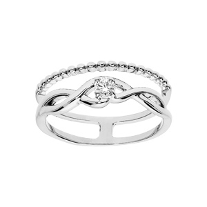 Bague en argent rhodié double anneau avec oxydes blancs sertis et boules
