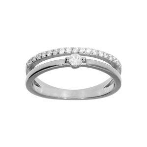 Bague en argent rhodié massif 2 rangs 1 brin lisse avec un oxyde blanc serti et 1 rail oxydes blancs sertis