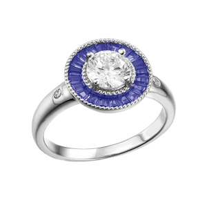 Bague en argent rhodié ronde centre oxyde blanc et contour oxydes rectangulaires bleus