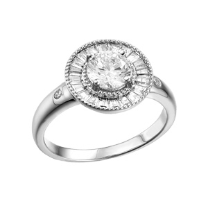 Bague en argent rhodié ronde centre oxyde blanc et contour oxydes blancs sertis