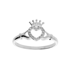 Bague en argent rhodié symbole Claddagh d’Irlande (amitie, amour, loyauté) 2 mains avec 1 coeur et oxydes blancs sertis