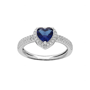 Bague en argent rhodié coeur 6mm oxyde bleu foncé contour et rail oxydes blancs sertis