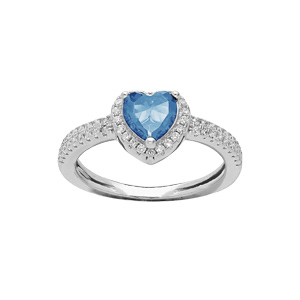 Bague en argent rhodié coeur 6mm oxyde bleu ciel contour et rail oxydes blancs sertis