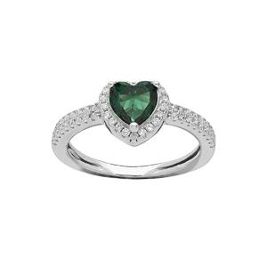 Bague en argent rhodié coeur 6mm oxyde vert contour et rail oxydes blancs sertis