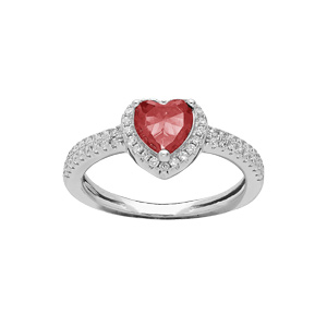 Bague en argent rhodié coeur de 6mm en oxyde rouge contour et rail d’ oxydes blancs sertis