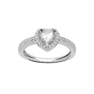 Bague en argent rhodié coeur 6mm oxyde blanc contour et rail oxydes blancs sertis